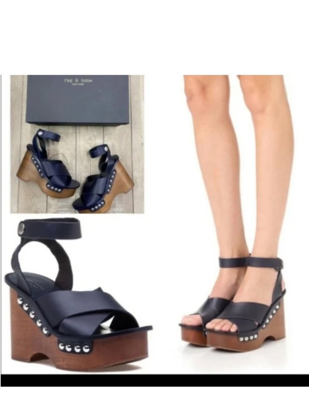 NIB rag & bone Navy Hester Leather Ankle-Strap Wedge Clog Sandals